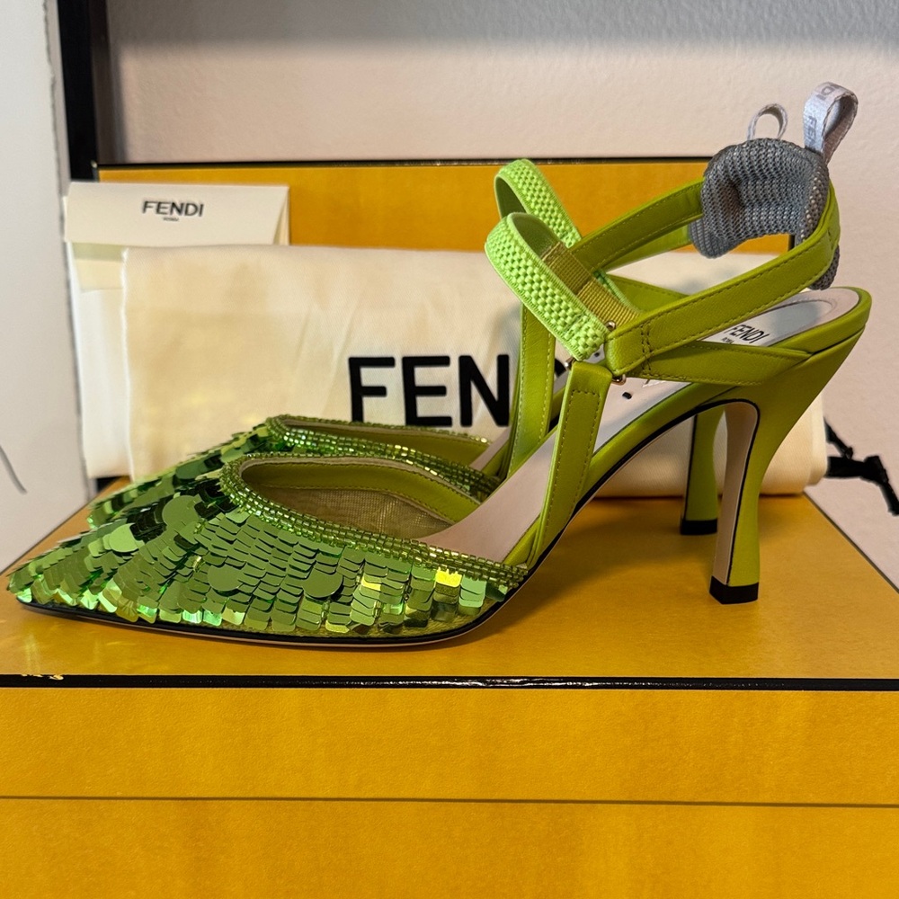 Fendi Colibri Wasabi Lime Green Sequin Paillettes Slingback Heels